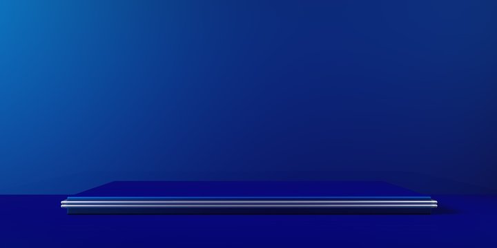 Espositore vuoto blu su fondo blu, podio o piedistallo per esposizione prodotti, base con sfondo vuoto, Rendering 3D, visione frontale