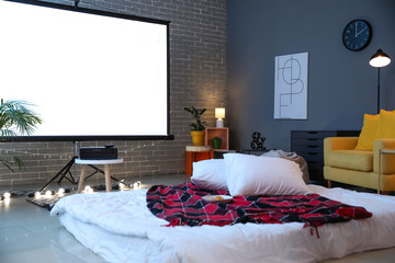 Interior of room with video projector - obrazy, fototapety, plakaty