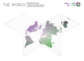 Low poly design of the world. Collignon butterfly projection of the world. Purple and green colored polygons. Neat vector illustration.