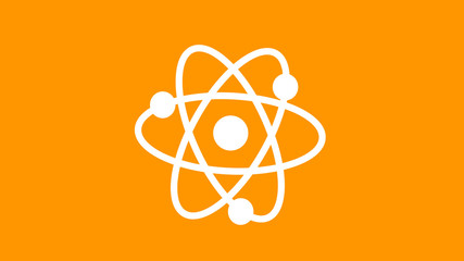 New white atom icon on orange color background,Best atom icon