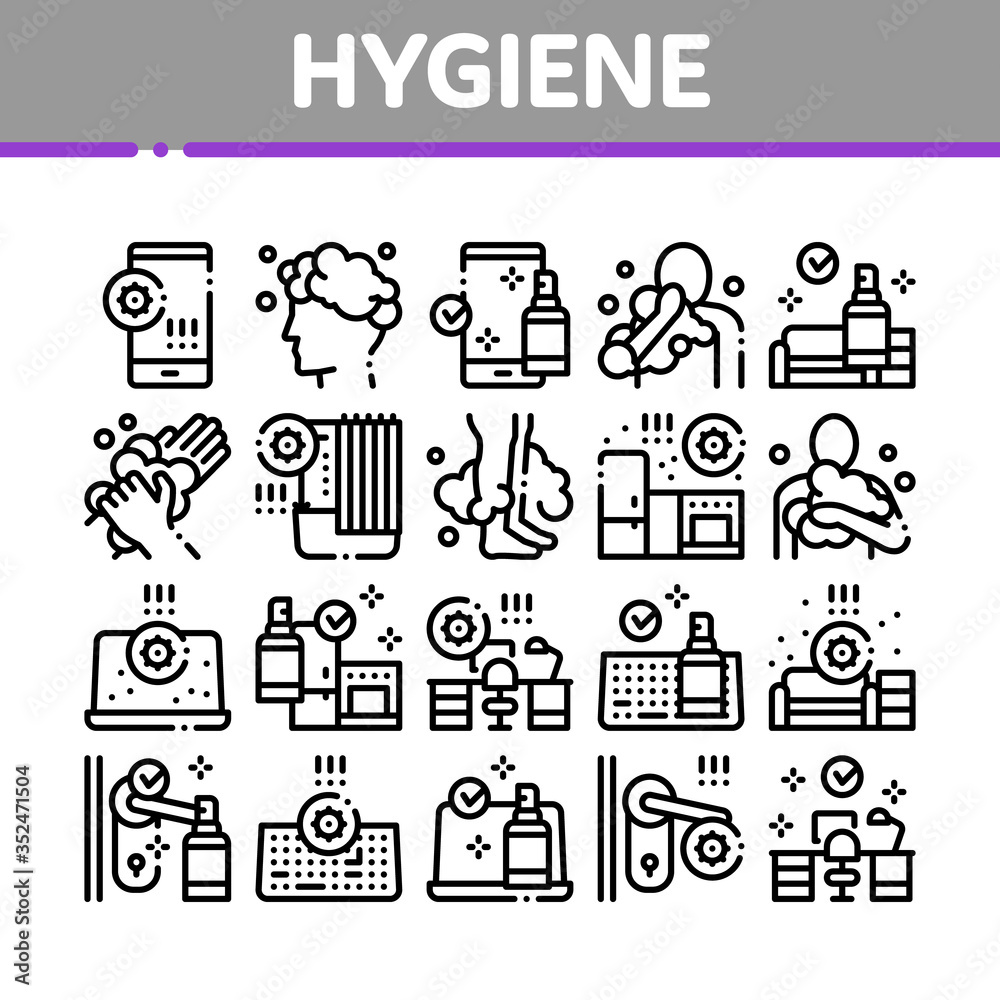 Wall mural Hygiene And Healthcare Collection Icons Set Vector. Cleaning Mobile Phone And Handle Sanitized Antiseptic, Wash Hand, Head And Body Hygiene Concept Linear Pictograms. Monochrome Contour Illustrations