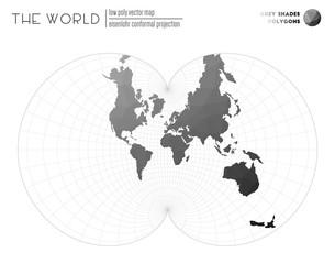 Polygonal map of the world. Eisenlohr conformal projection of the world. Grey Shades colored polygons. Energetic vector illustration.