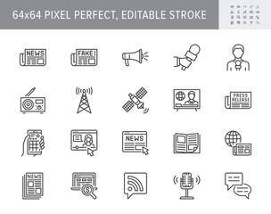 News line icons. Vector illustration included icon as newspaper, mass media, journalist, fake, television broadcasting outline pictogram for online press. 64x64 Pixel Perfect Editable Stroke