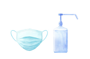 マスクとボトル式手指消毒液・ハンドジェルの水彩イラスト。 © Keiko Takamatsu