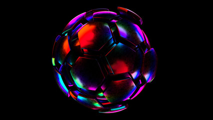 Holographic soccer ball isolated on black background. 3d rendering of iridescence soccer ball.