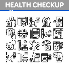 Health Checkup Medical Collection Icons Set Vector. Healthcare Checkup List And Calendar Date, Fitness Tracker And Analysis Container Concept Linear Pictograms. Monochrome Contour Illustrations