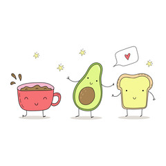 Cute hand drawn set with Funny Cartoon food. Vector kawaii food