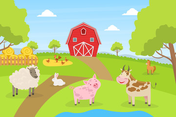 Obraz na płótnie Canvas Beautiful Summer Rural Landscape with Green Field, Red Barn, Farm Animals, Cow, Pig, Sheep, Rabbit Cartoon Vector Illustration
