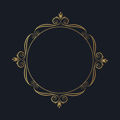 Calligraphic golden round frame. Hand drawn vintage ornate border.  Vector isolated gold classic wedding invitation card decor.