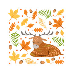 Autumn Forest Seamless Pattern of Square Shape, Colorful Fall Leaves and Woodland Moose Animal Cartoon Vector Illustration