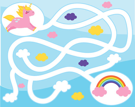Maze puzzle. Help unicorn find rainbow. Activity for kids. educational children game