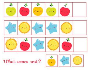 What comes next educational children game. Kids activity sheet, continue the row of cute symbols