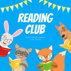Reading Club, Kids Educational Community, Bookstore, Library Design, Cute Wild Animals Reading Books Cartoon Vector Illustration