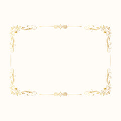 Hand drawn golden ornate filigree border. Vector isolated vintage royal frame with gold swirl decor elements. Royal wedding invitation card.