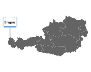 Landkarte von Österreich mit Ortsschild von Bregenz