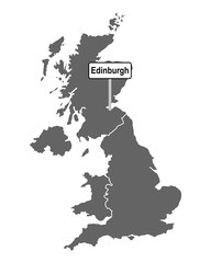 Landkarte von Großbritannien mit Ortsschild von Edinburgh