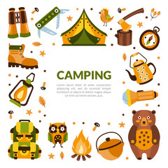 Fototapeta premium Camping Banner Template with Hiking Equipment, Summer Adventures, Mountaineering, Hiking, Trekking on Nature Vector Illustration
