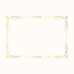 Hand drawn golden rectangular frame with ornate  vintage corners.  Vector isolated gold Victorian border. Classic wedding invitation template.