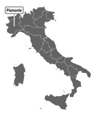 Landkarte von Italien mit Ortsschild von Piemonte