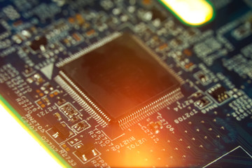 Close-up of an electronic circuit Board with microchips. Close-up of the motherboard microchip.