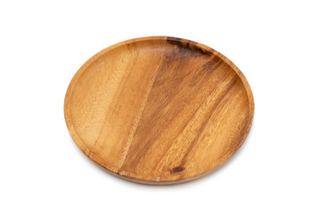 Empty wooden tray on white background.