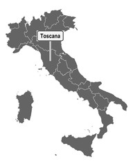 Landkarte von Italien mit Ortsschild von Toscana