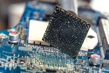 close up of BGA ball grid array technology footprint on electronic board, macro