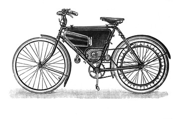 Antique bicycle (bike) with motor/ Antique engraved illustration from Brockhaus Konversations-Lexikon 1908
