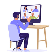 Video conference or online meeting concept. Man having video call with friend using the computer. Video chat. Vector illustration on white background.