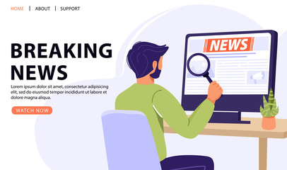 Breaking news concept. Man reading news with a magnifying glass using computer. Vector web page banner illustration.