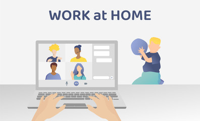 Employee communicates via videoconference. Work at home. Background at the table a little boy plays with a ball. Light gray background