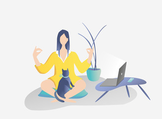 Obraz premium Work at home. Young beautiful girl resting from work at a laptop, doing yoga. Concept vector illustration isolated on light gray -blue yellow. Black cat on her legs. Flower in the background