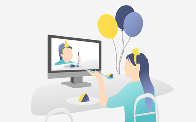 Dressy sad girl celebrating her birthday with her friend online. Video call with congratulations. Vector illustration isolated blue yellow.