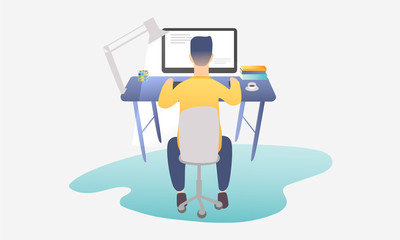 Young guy works at home at the table. Working on a desktop computer. Freelance, online education or social media concept. Vector illustration isolated blue yellow.Cozy interior bright workspace.