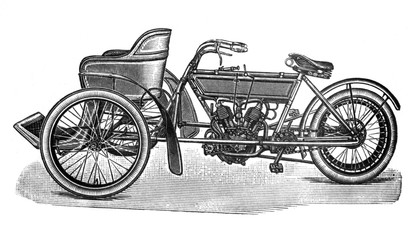 Antique mororcycle with sidecar like taxi / Antique engraved illustration from Brockhaus Konversations-Lexikon 1908
