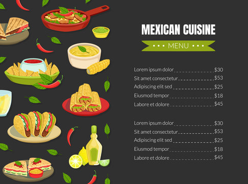 Mexican Traditional Food Menu Template, Mexican Cuisine Takeaway Meal, Restaurant or Cafe Brochure, Delicious Food Menu Cover Vector Illustration