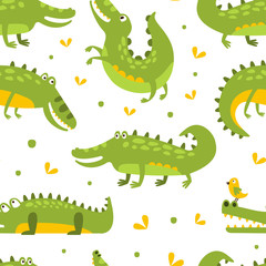 Fototapeta premium Cute Crocodiles Seamless Pattern, Wild African Animal Decorative Childish Design, Fabric, Wallpaper, Packaging, Background Cartoon Vector Illustration