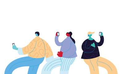 People cartoons with casual cloth and smartphones chatting vector design