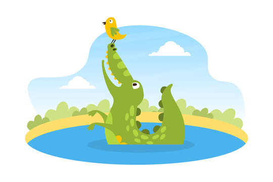 Cute Friendly Crocodile Sitting in the Pond with Lovely Bird on his Nose, Wild African Animal Character Cartoon Vector Illustration