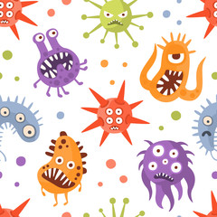 Various Microorganisms Seamless Pattern, Germs, Viruses and Microbes Characters, Design Element Can Be Used for Wallpaper, Packaging, Background Cartoon Vector Illustration