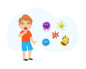 Coughing Boy Spreading Virus and Bacteria, Child Suffering from Flu and Cough Cartoon Vector Illustration