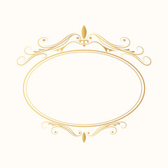 Hand drawn golden oval luxury frame. Gold filigree round border.  Vector isolated vintage invitation. Classic royal wedding template.