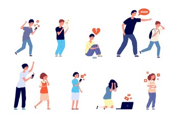 Teenage problems. Teens trouble, unhappy kids. Parents control and emotional anxiety situation. Social network bullying vector illustration. Teenager problem, social victim, bullying and harassment