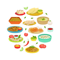 Indian Traditional Food Banner, Asian Cuisine Meal of Round Shape, Restaurant or Cafe Design Vector Illustration