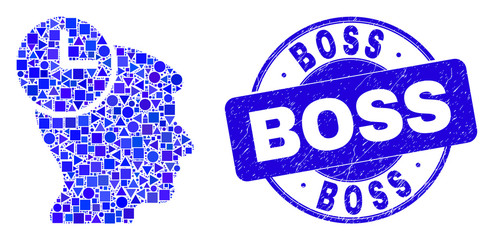 Geometric head clock mosaic icon and Boss seal stamp. Blue vector round distress seal stamp with Boss phrase. Abstract collage of head clock composed of sphere, triangles, square geometric spots.