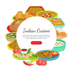 Indian Food Landing Page Template with Traditional Asian Cuisine Dishes and Space for Text, Takeaway Meal, Restaurant or Cafe Design Vector Illustration