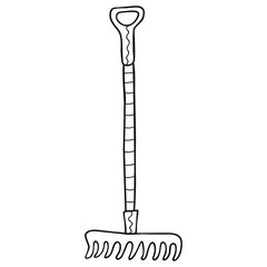 Black and white hand-drawn rake. Country and garden tools. Isolated stylized design element for coloring page. Vector.