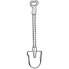 Black and white hand-drawn garden spade. Country equipment. Coloring page. Isolated shovel. Vector.