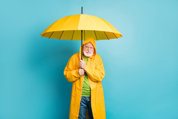 Portrait of his he irritated annoyed grey-haired man wearing yellow overcoat hiding under parasol bad cold wet weather cyclone isolated over bright vivid shine vibrant blue color background © deagreez