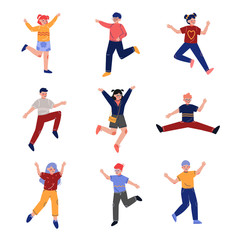 Fototapeta na wymiar Teen Boys and Girls Happily Jumping Collection, Emotional School Children Having Fun Vector Illustration